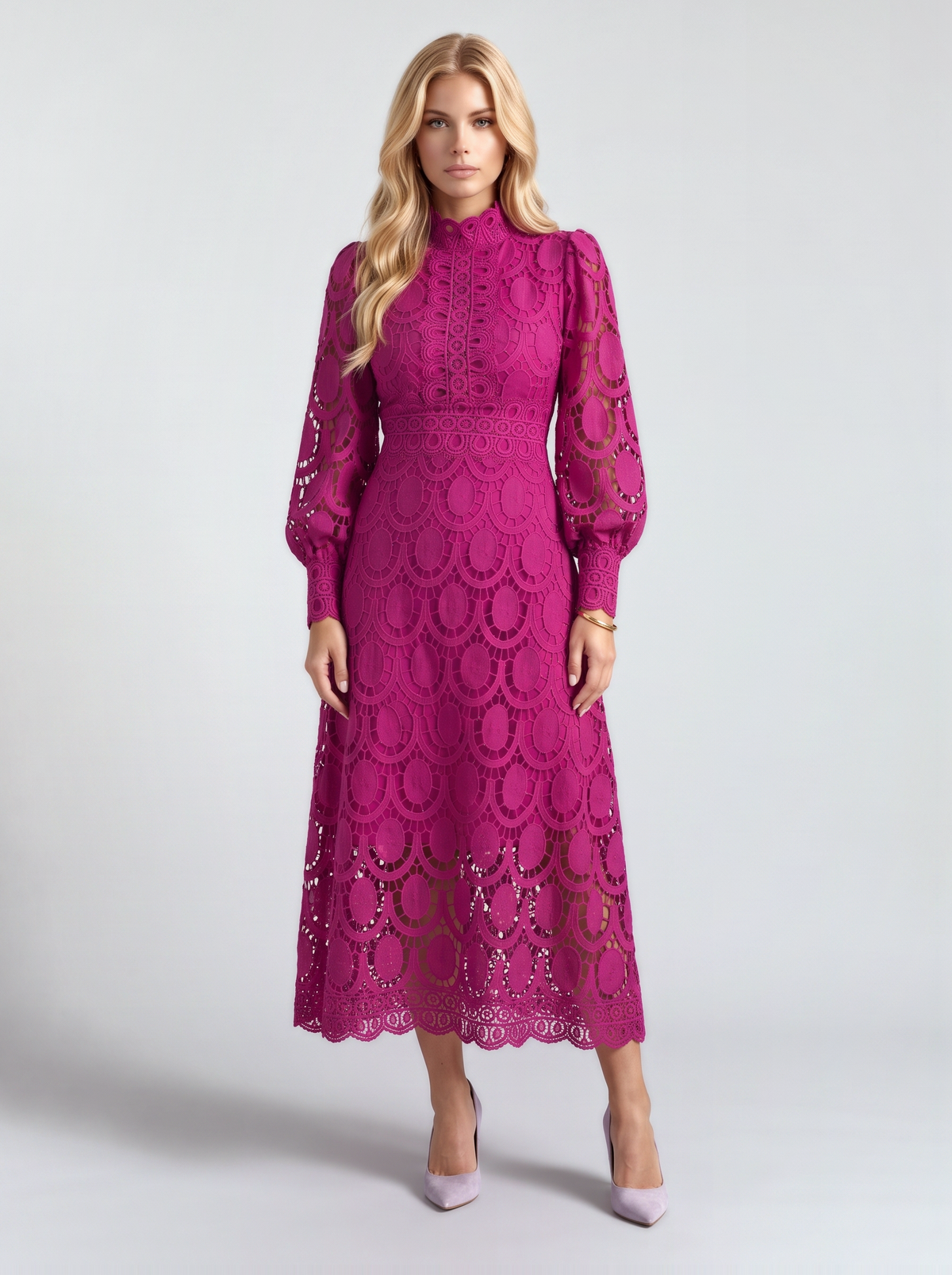 Lucille Lace Midi Dress - Fuchsia