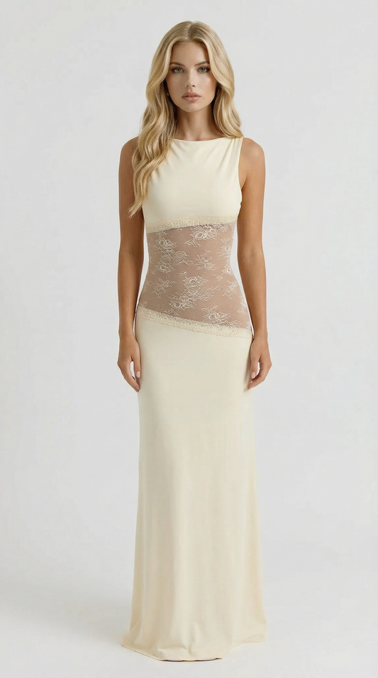 Women yellow maxi dress, boat neckline, sleeveless, with a lace panel across the midsection from front view.