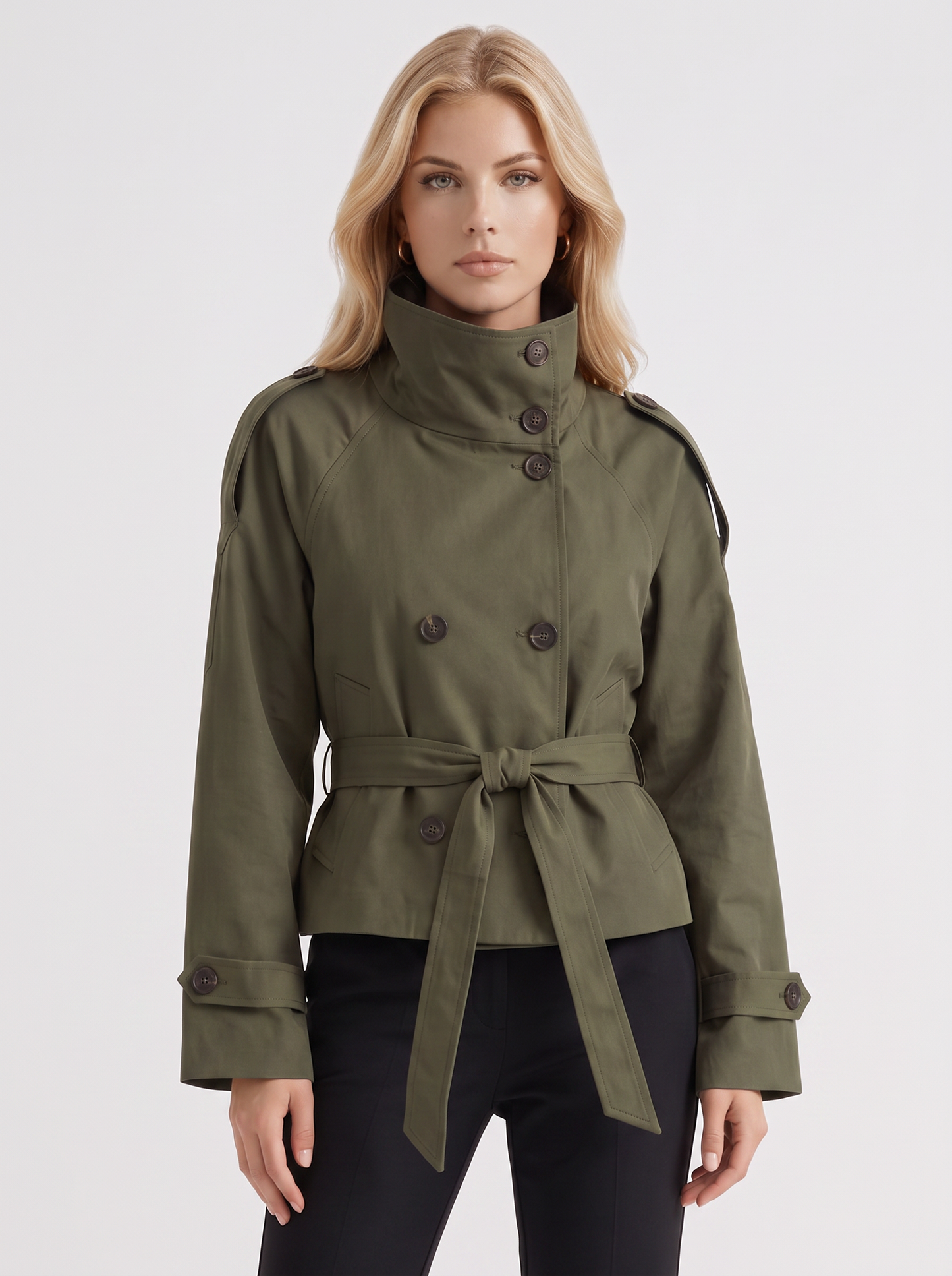 Women's army green cropped trench with stand collar and cropped hem