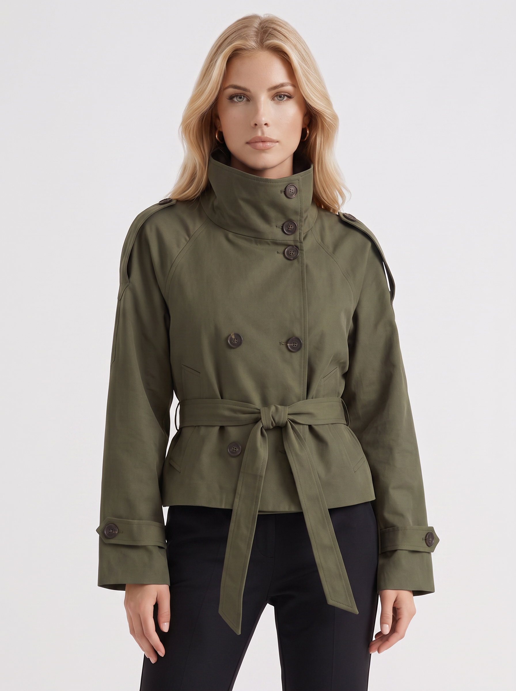 Women's army green cropped trench with stand collar and cropped hem