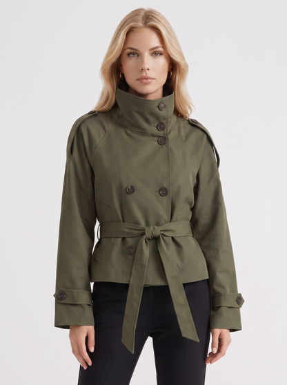 Women's army green cropped trench with stand collar and cropped hem