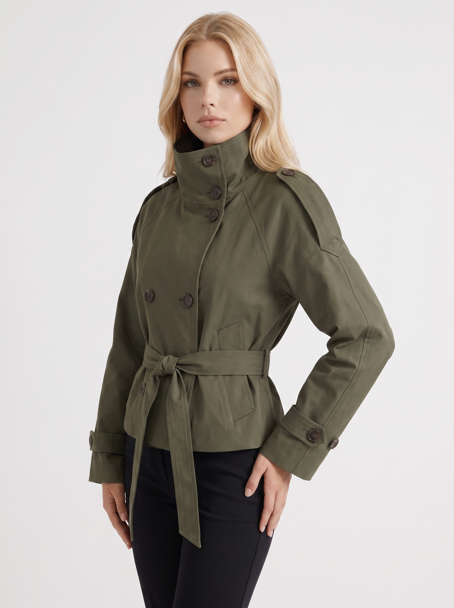 Women's army green cropped trench with stand collar and cropped hem