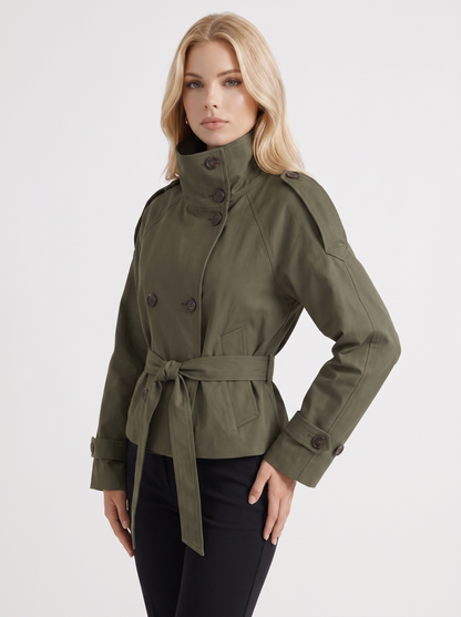 Women's army green cropped trench with stand collar and cropped hem