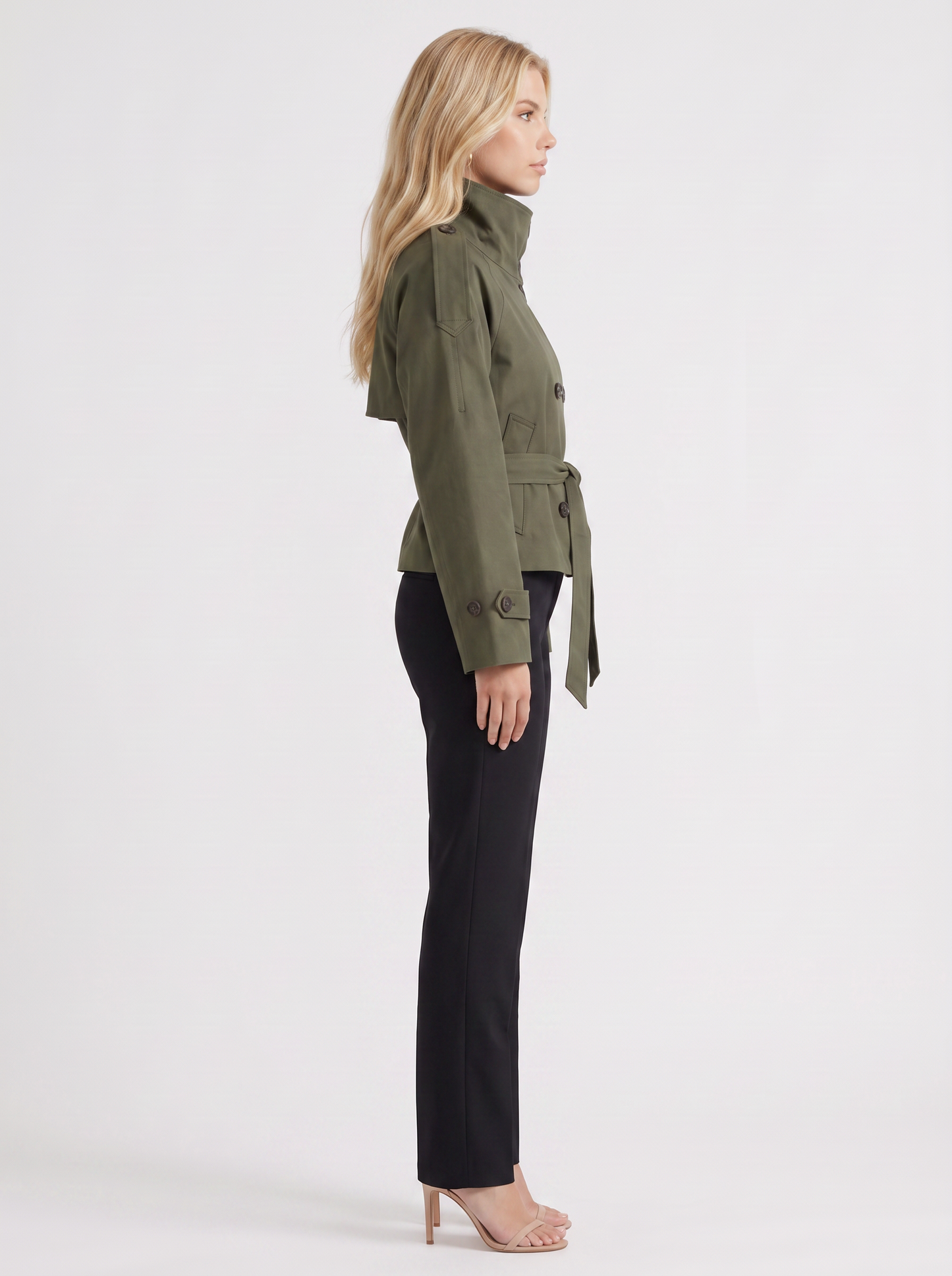Women's army green cropped trench with stand collar and cropped hem