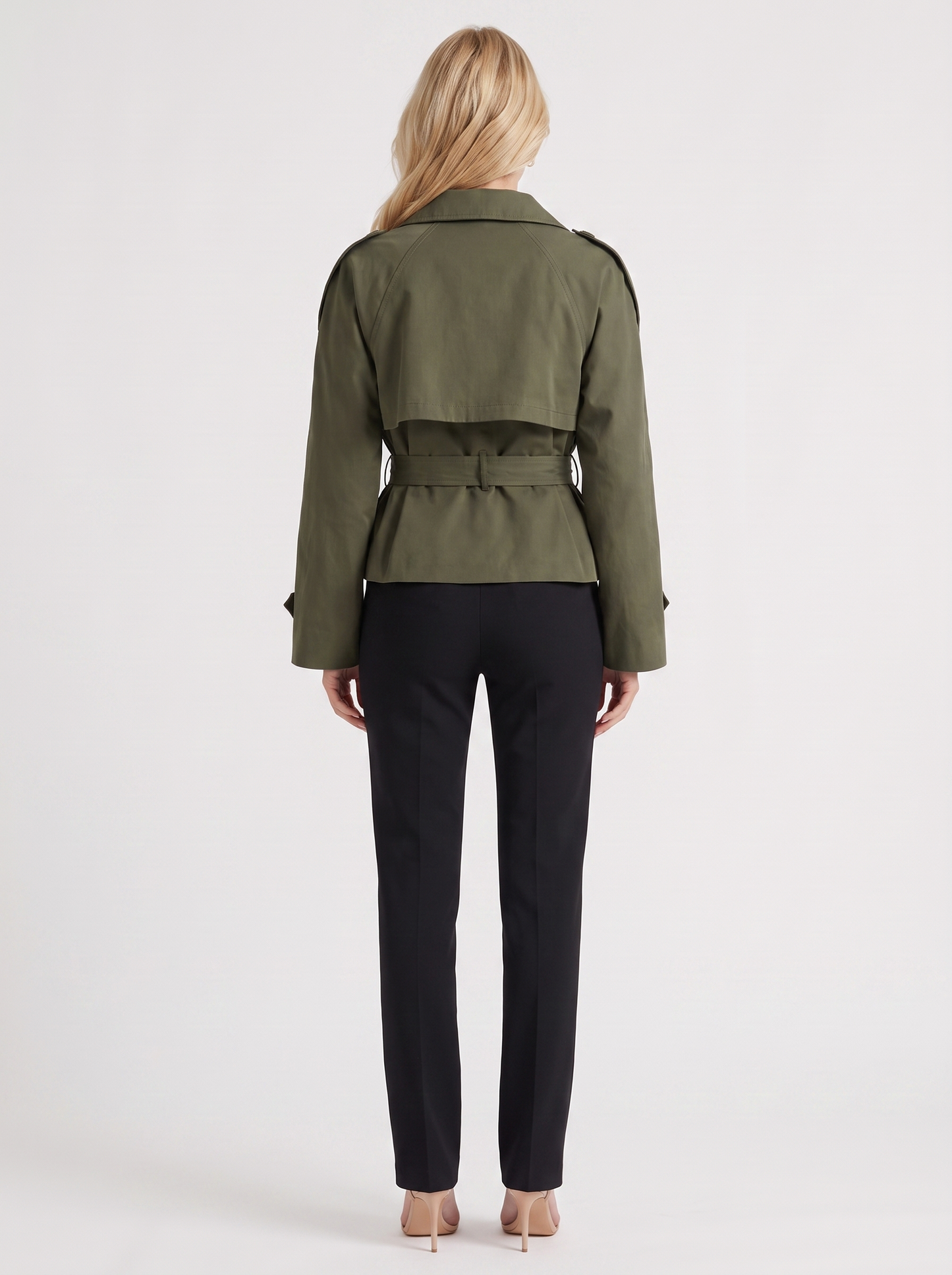 Women's army green cropped trench with stand collar and cropped hem