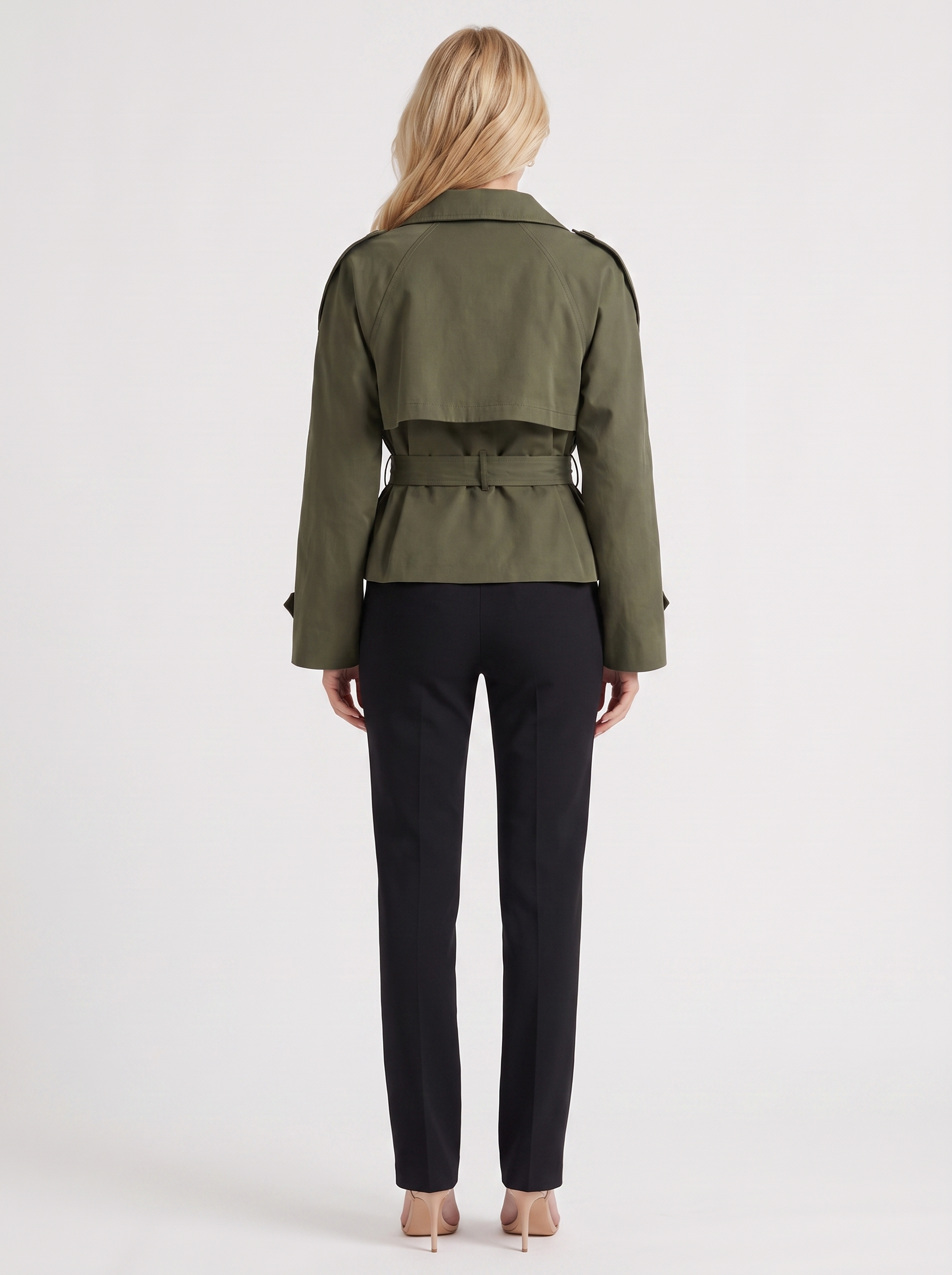 Women's army green cropped trench with stand collar and cropped hem