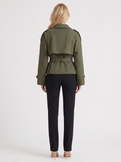 Women's army green cropped trench with stand collar and cropped hem