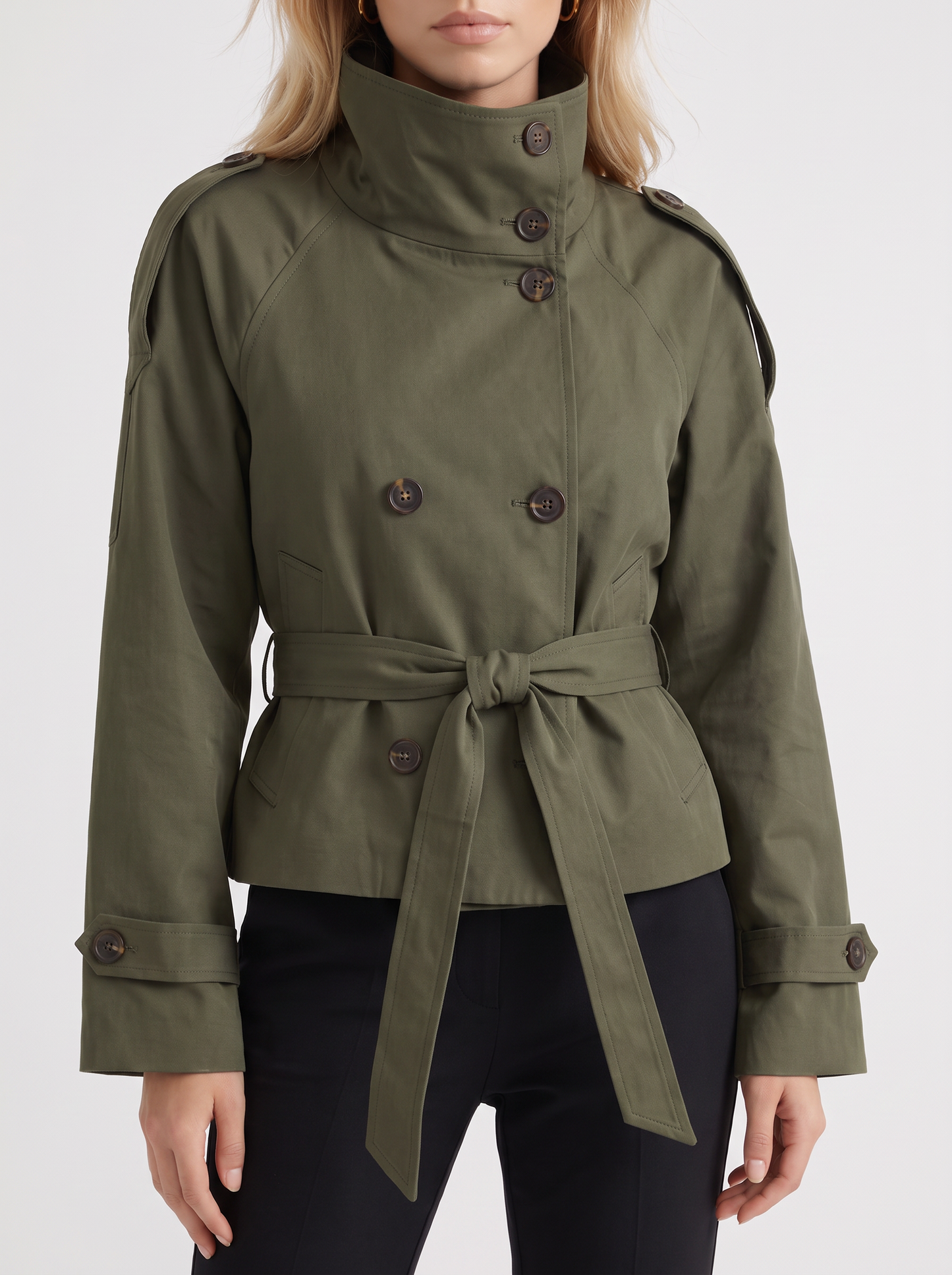 Women's army green cropped trench with stand collar and cropped hem