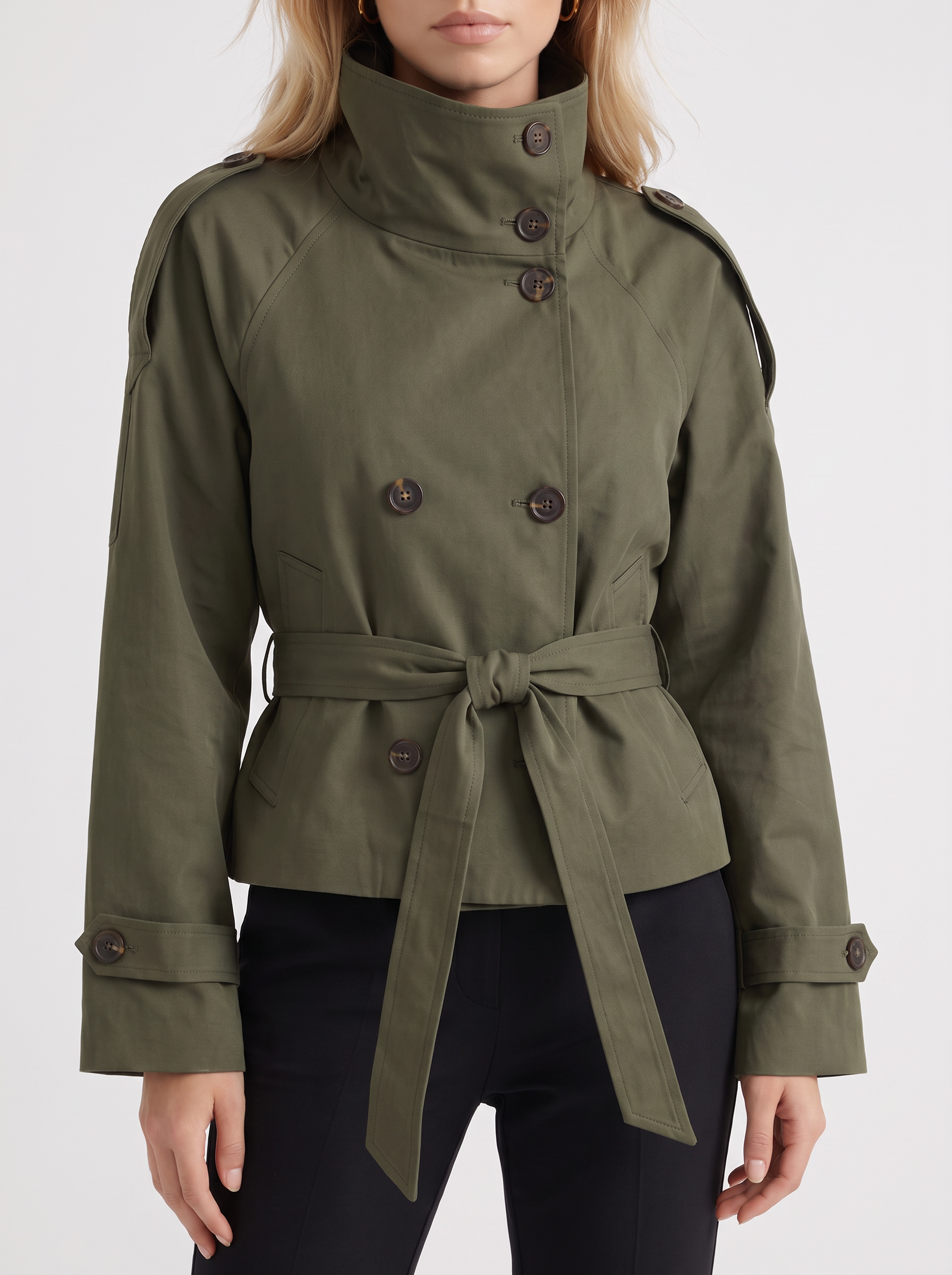 Women's army green cropped trench with stand collar and cropped hem