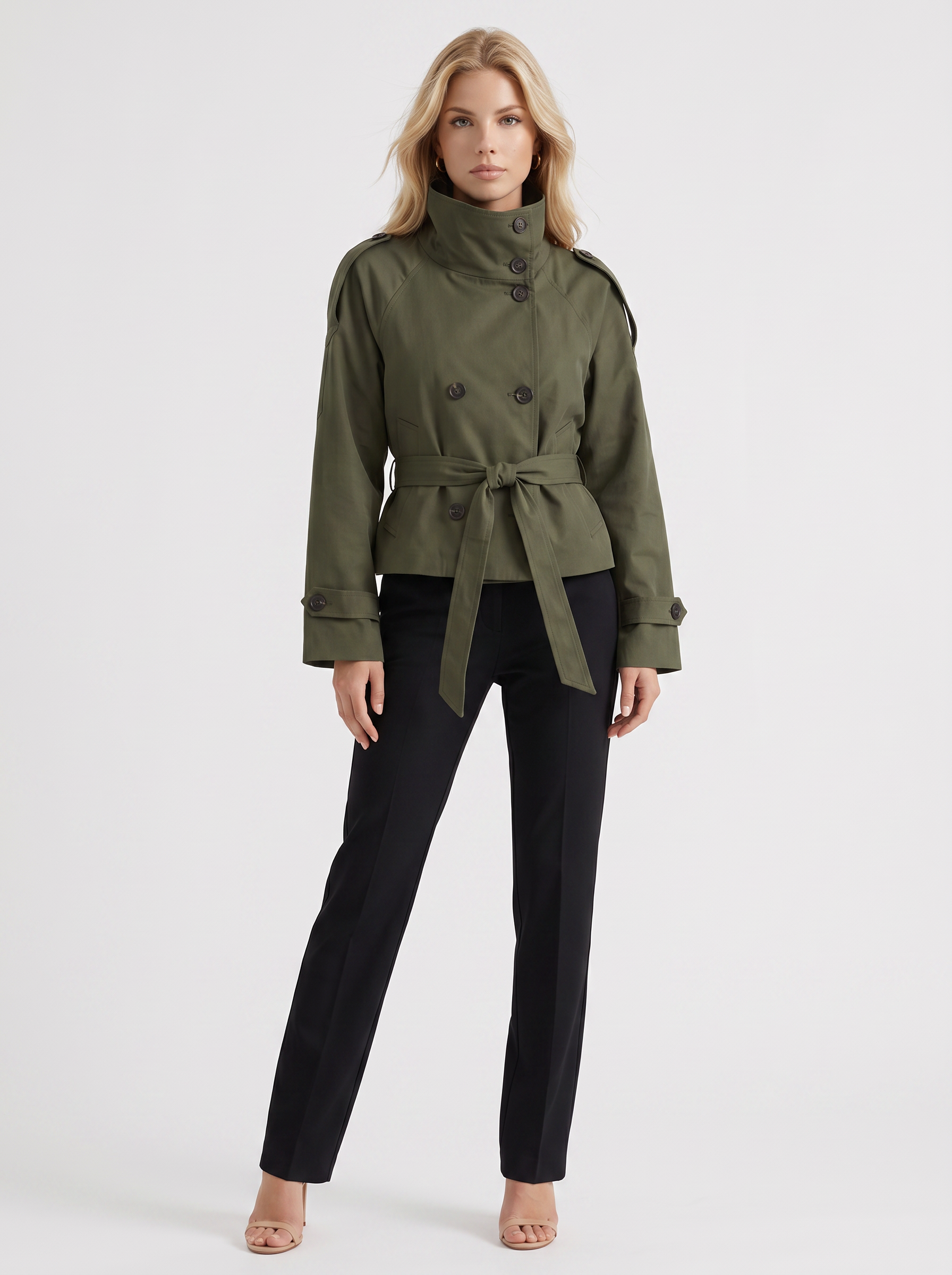 Women's army green cropped trench with stand collar and cropped hem