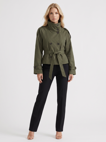 Women's army green cropped trench with stand collar and cropped hem