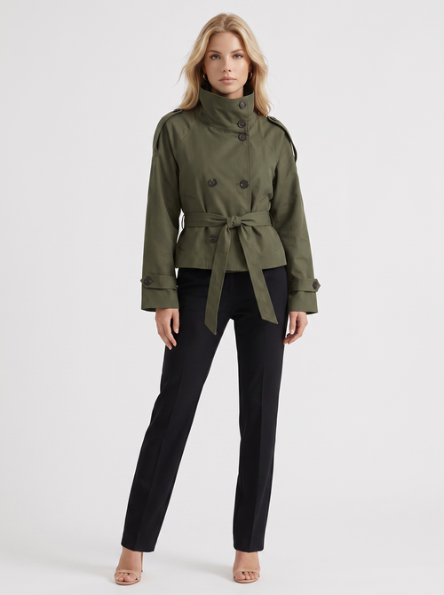 Women's army green cropped trench with stand collar and cropped hem