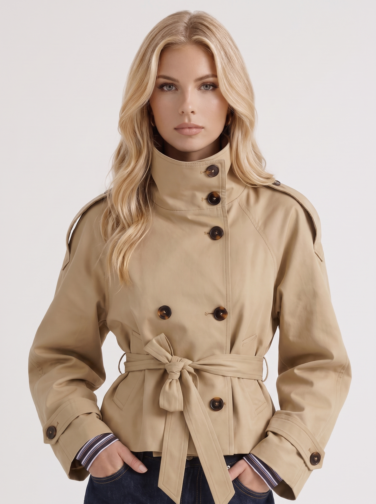 Women's beige cropped trench with stand collar and cropped hem
