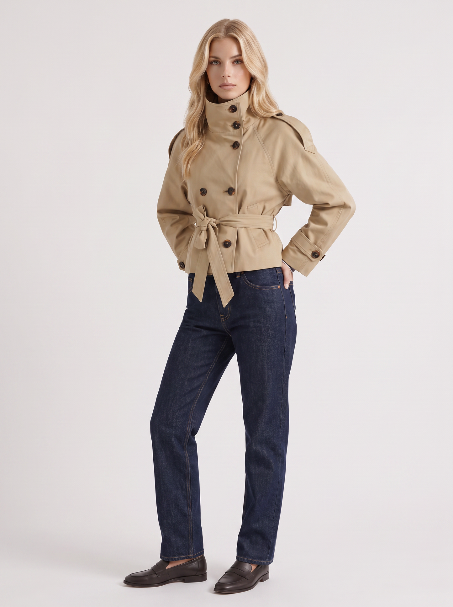 Women's beige cropped trench with stand collar and cropped hem