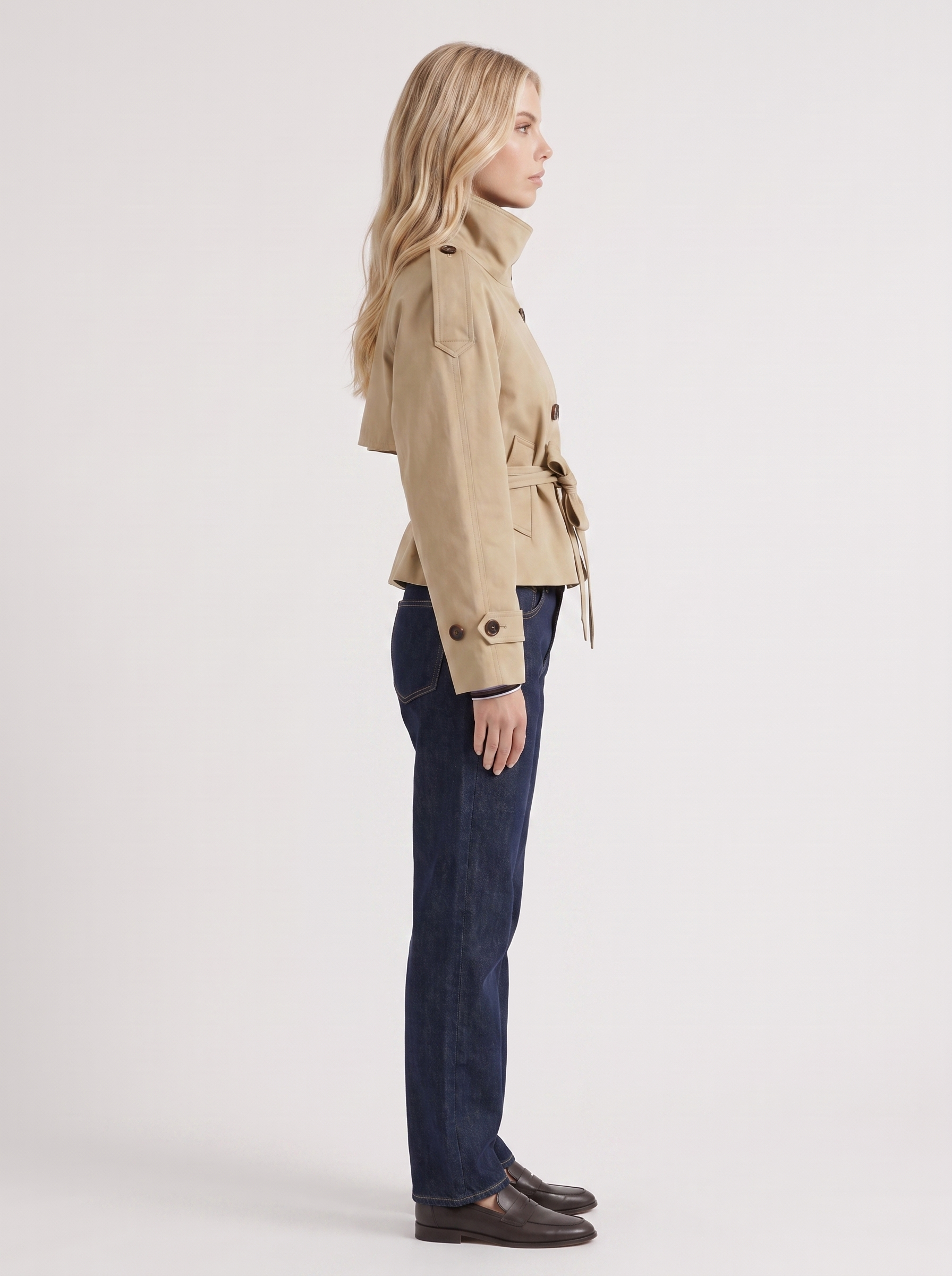Women's beige cropped trench with stand collar and cropped hem