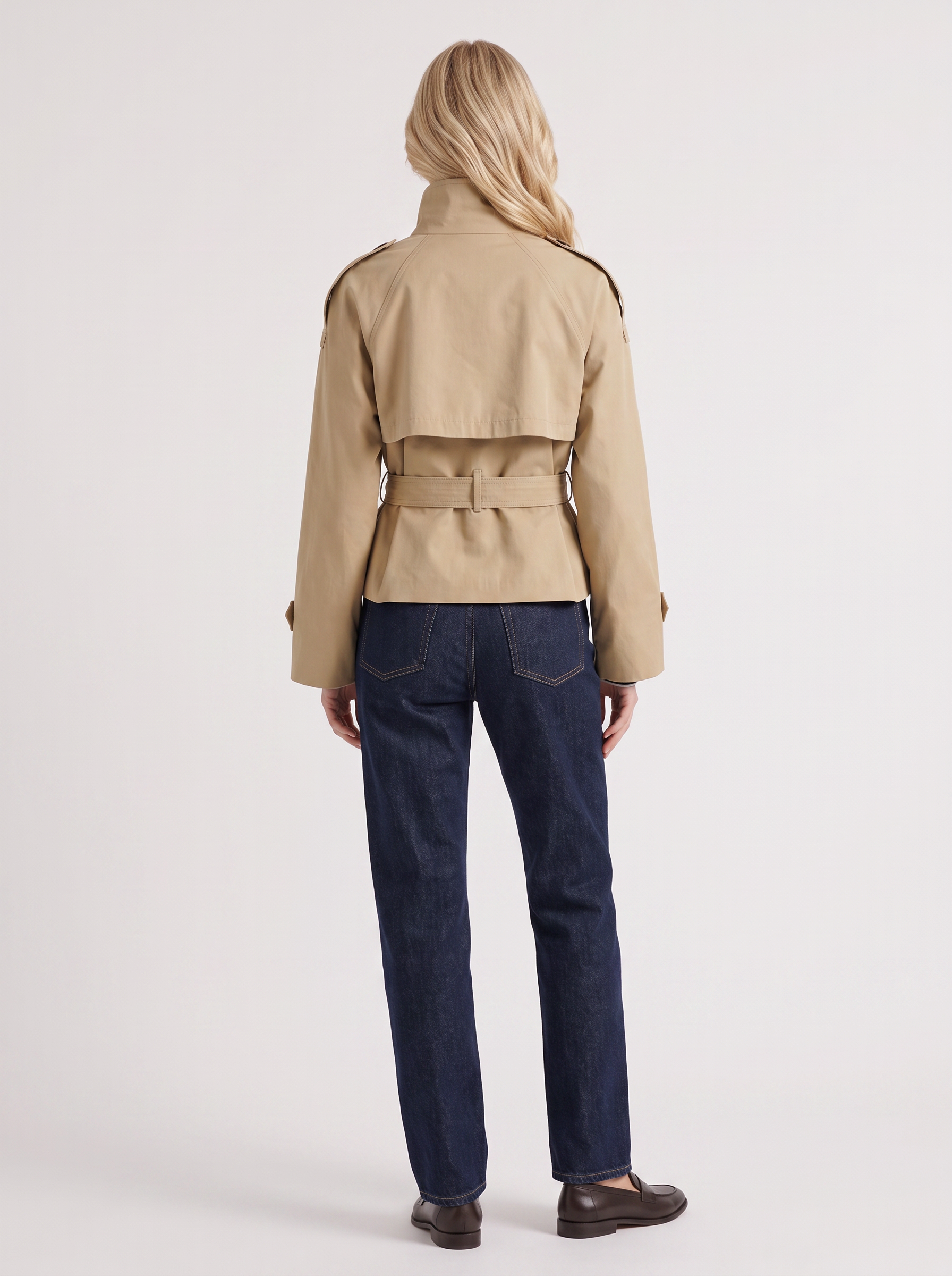 Women's beige cropped trench with stand collar and cropped hem