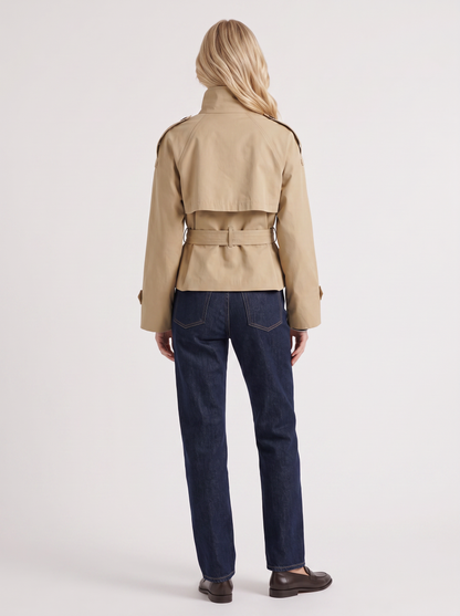 Women's beige cropped trench with stand collar and cropped hem