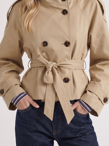 Women's beige cropped trench with stand collar and cropped hem