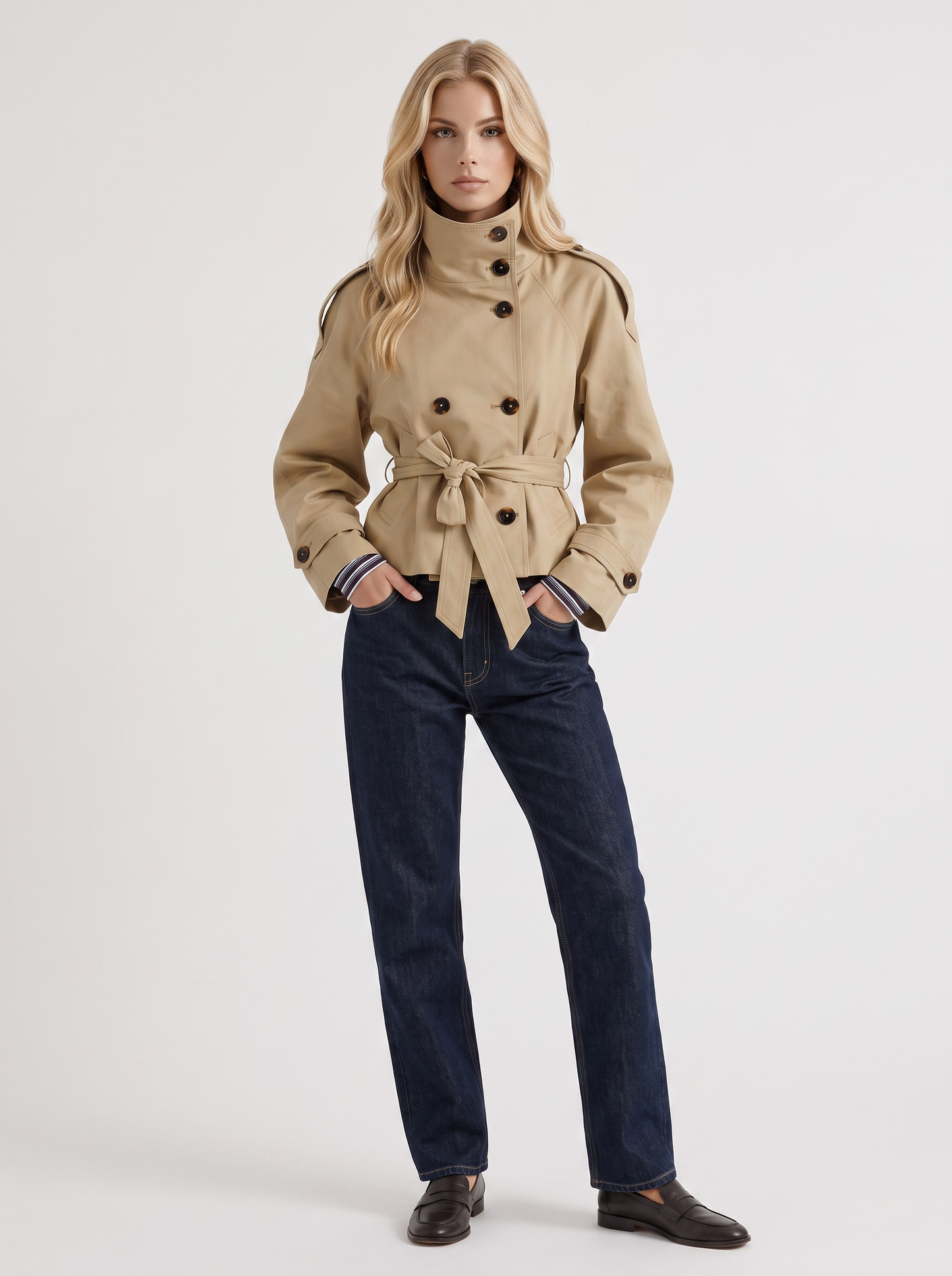 Women's beige cropped trench with stand collar and cropped hem