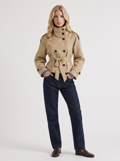 Women's beige cropped trench with stand collar and cropped hem