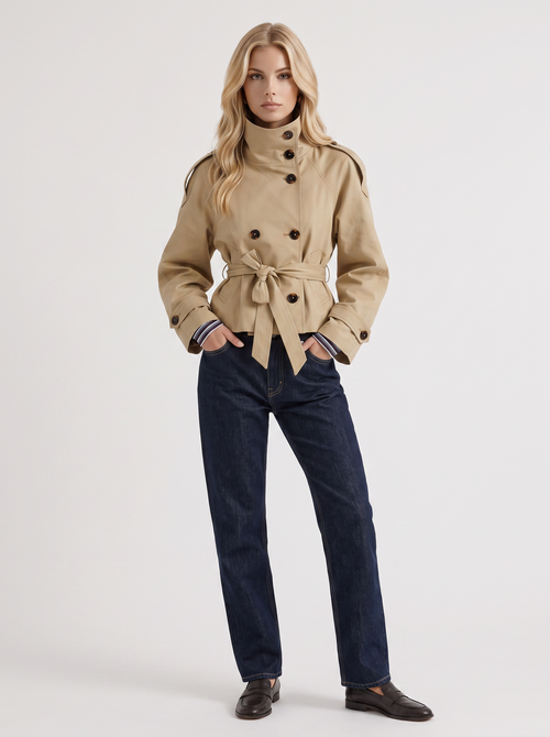 Women's beige cropped trench with stand collar and cropped hem