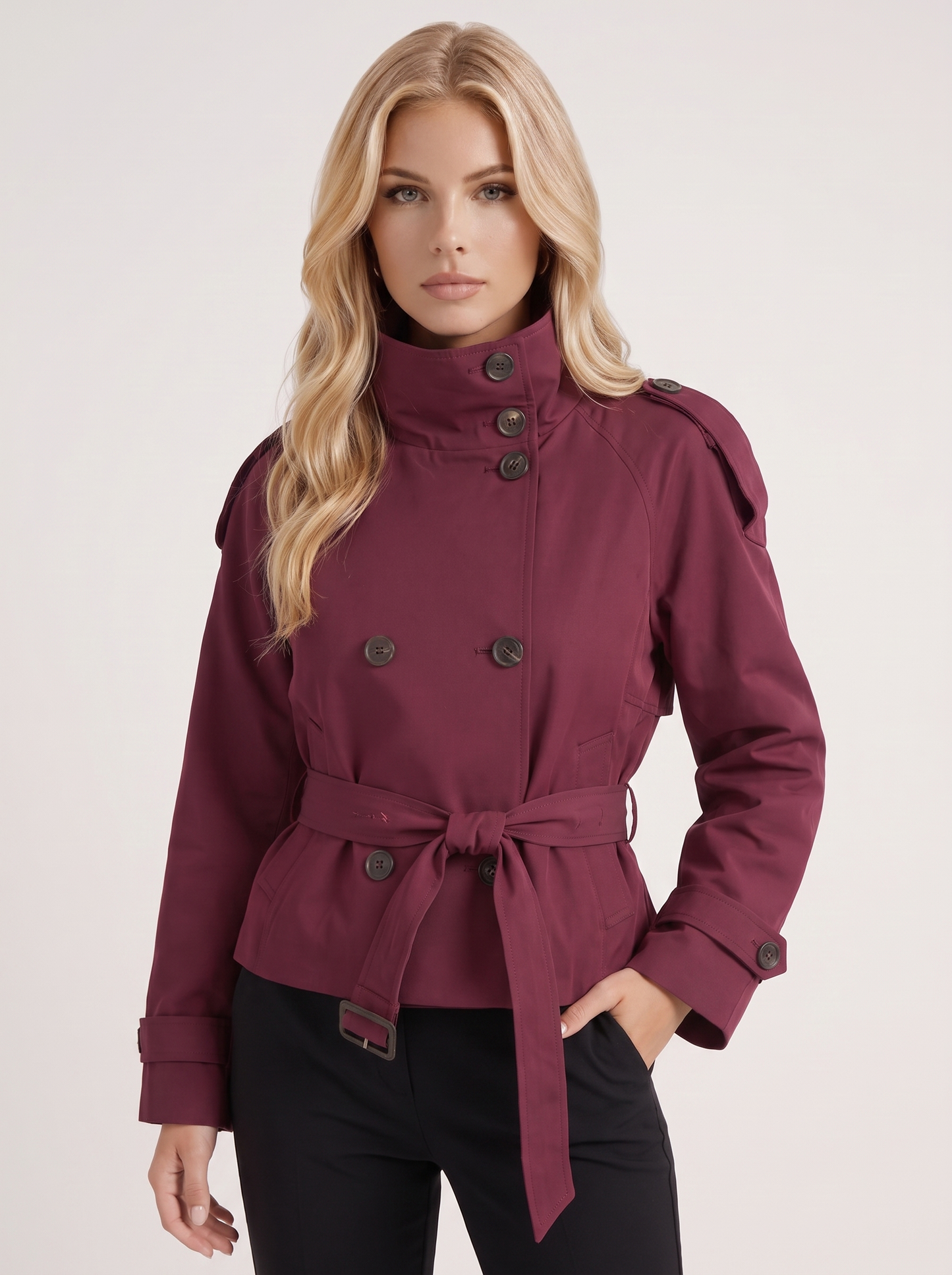 Women's burgundy cropped trench with stand collar and cropped hem