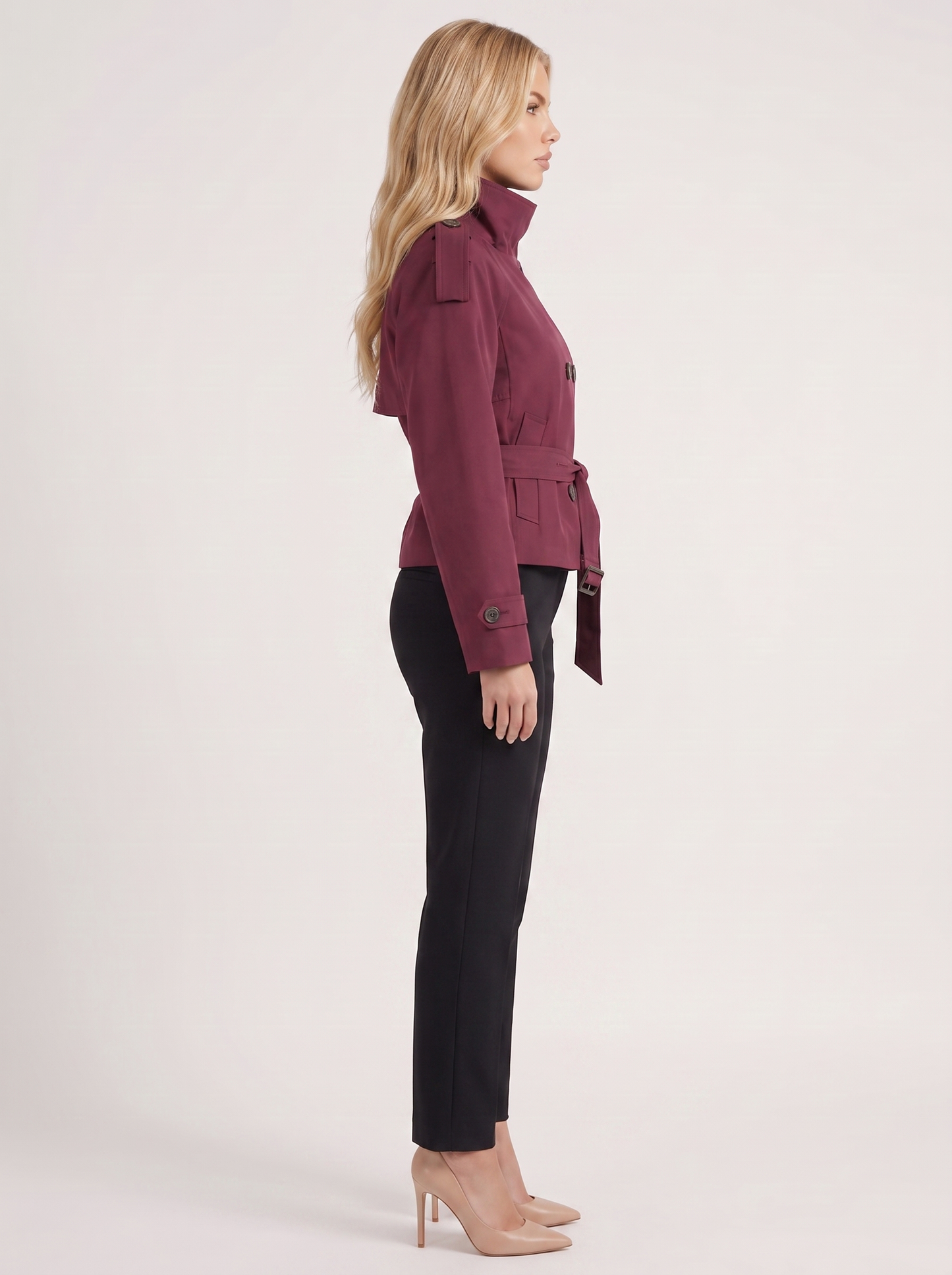 Women's burgundy cropped trench with stand collar and cropped hem