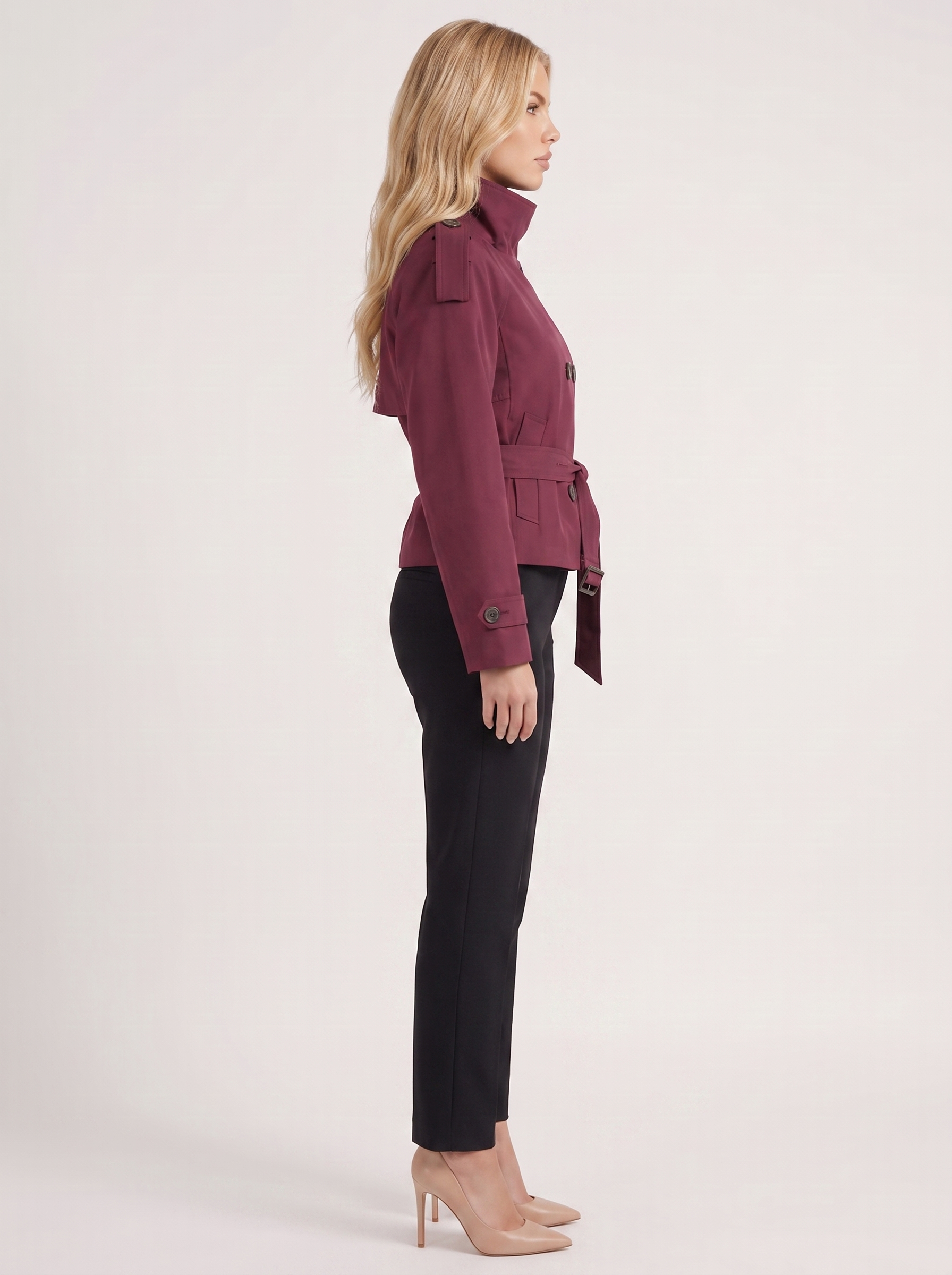Women's burgundy cropped trench with stand collar and cropped hem