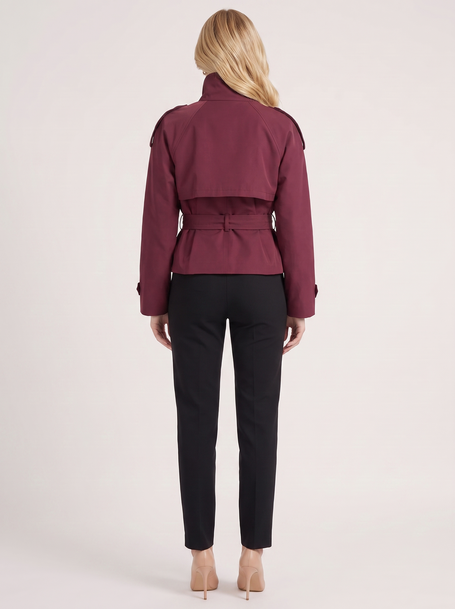 Women's burgundy cropped trench with stand collar and cropped hem