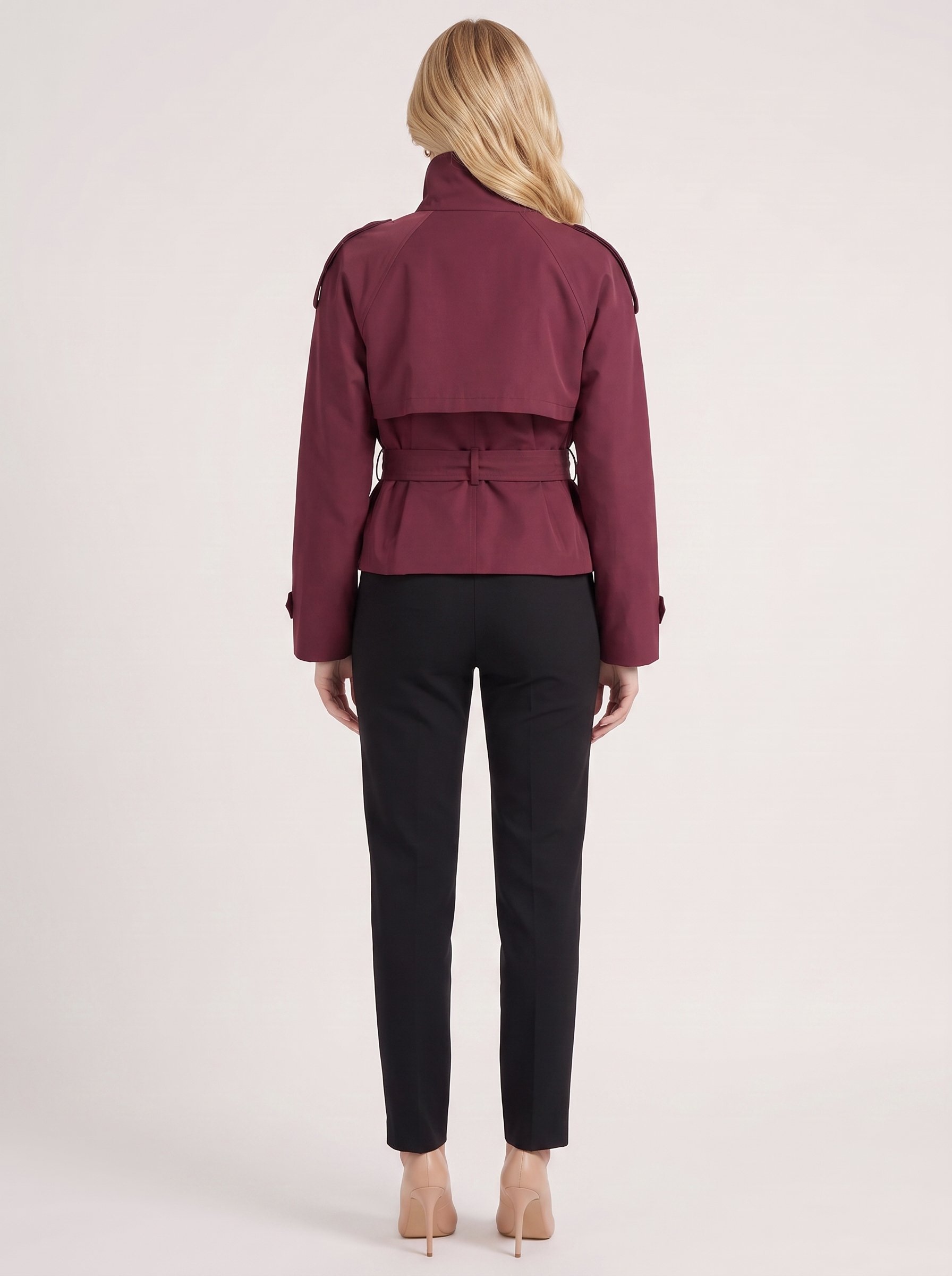Women's burgundy cropped trench with stand collar and cropped hem