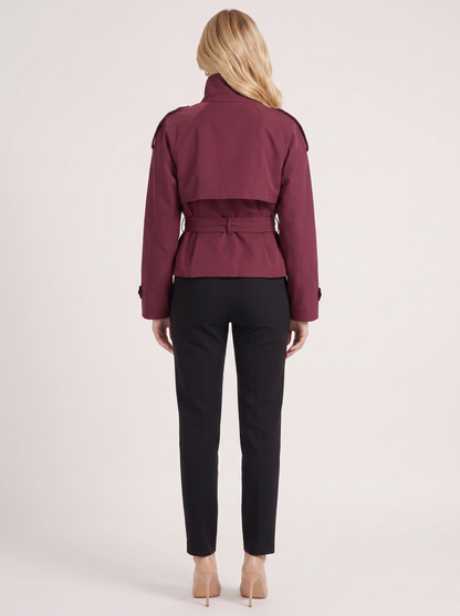 Women's burgundy cropped trench with stand collar and cropped hem