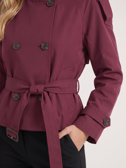 Women's burgundy cropped trench with stand collar and cropped hem