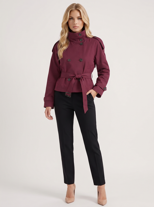 Women's burgundy cropped trench with stand collar and cropped hem