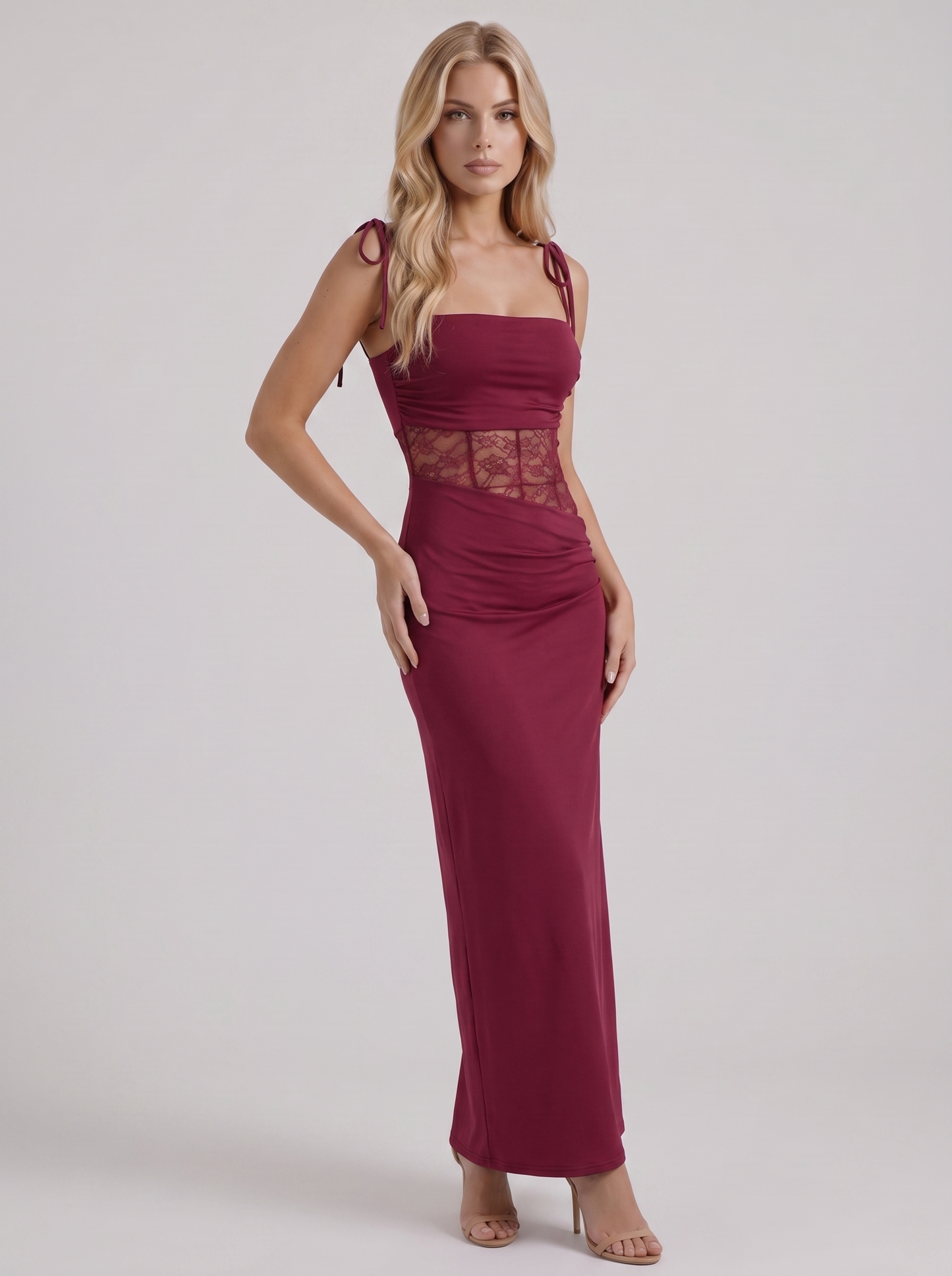Maren Lace Panel Bodycon Maxi Dress - Burgundy
