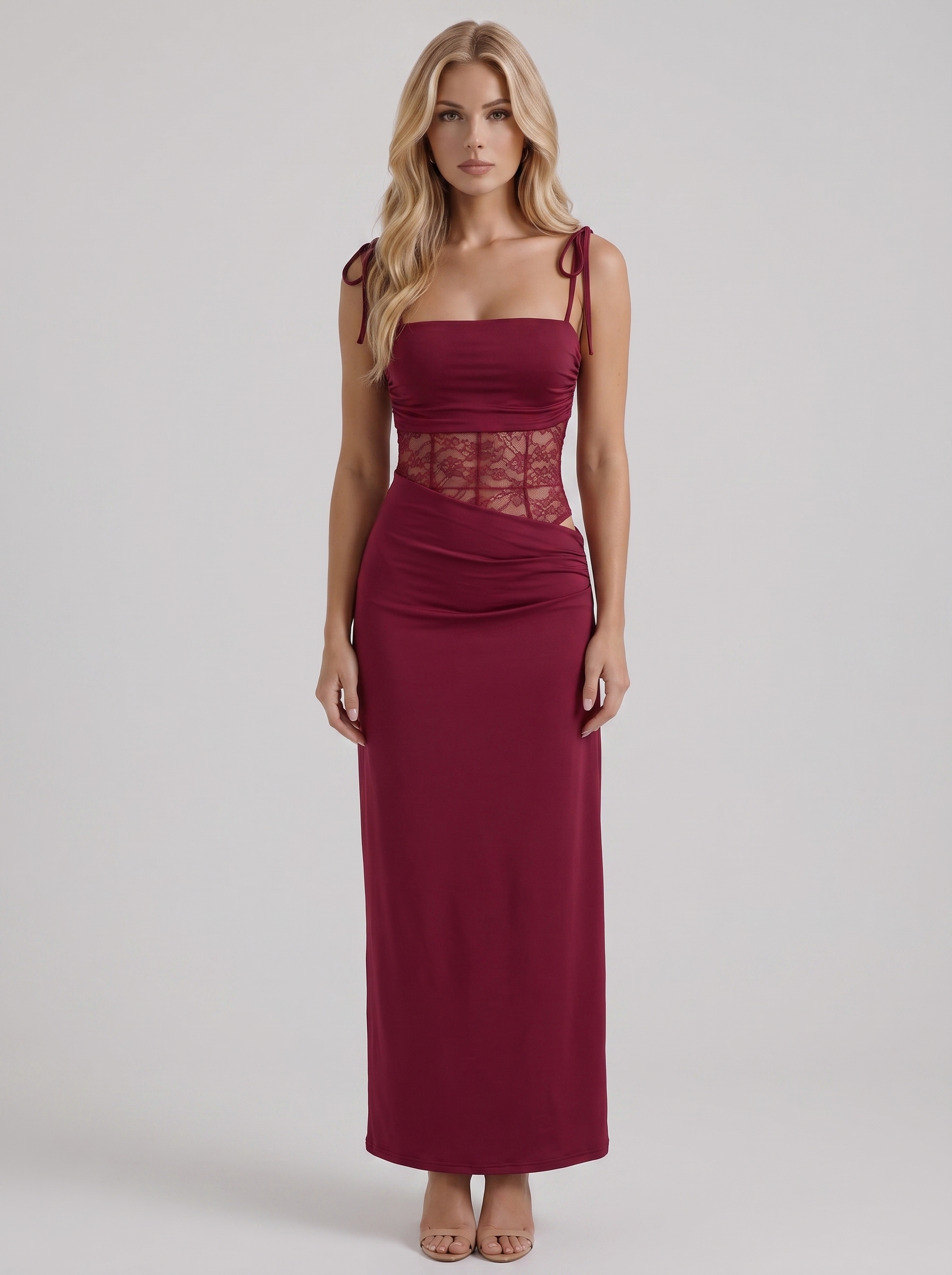 Maren Lace Panel Bodycon Maxi Dress - Burgundy
