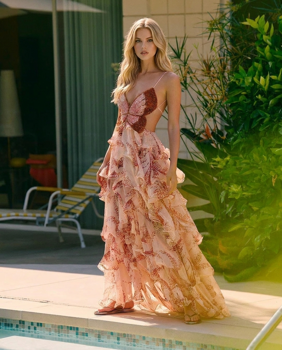 Marielle Butterfly Maxi Dress - Brown