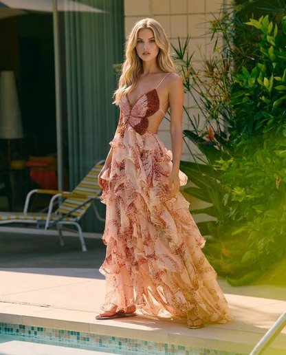Marielle Butterfly Maxi Dress - Brown