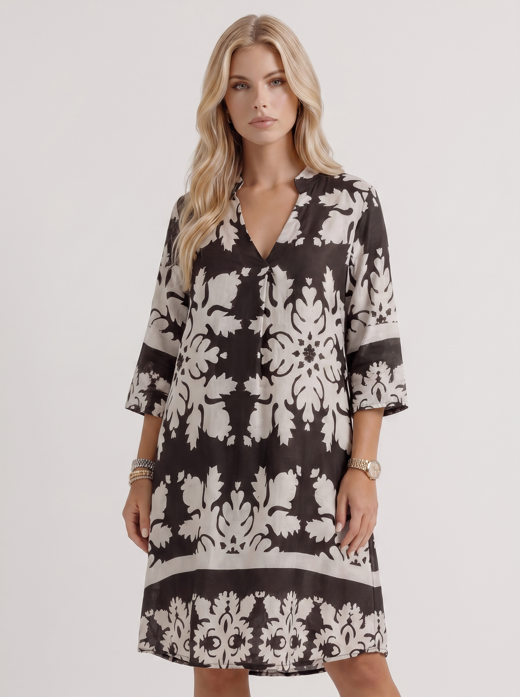 Women black floral midi dress with v neckline and floral print