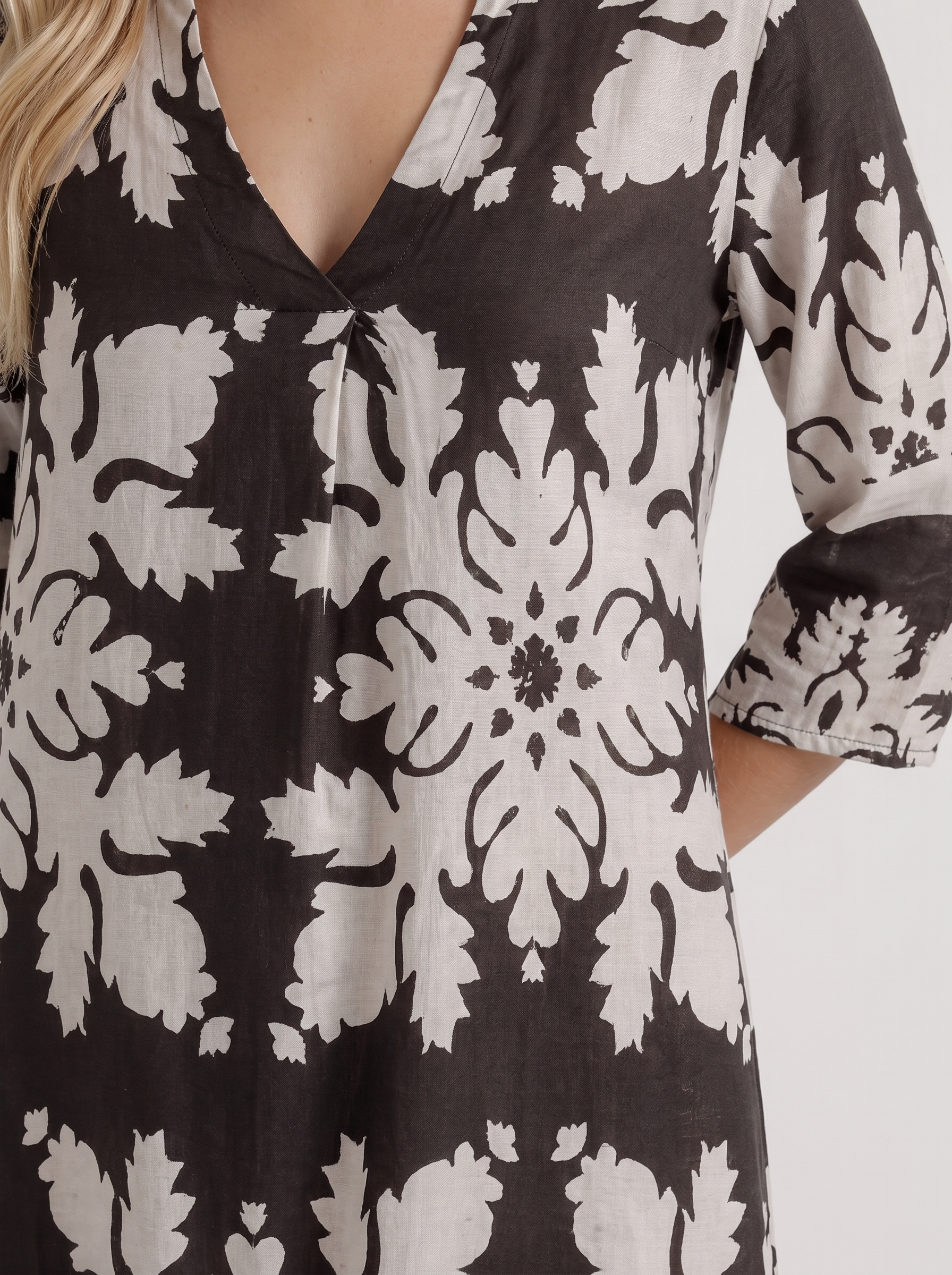 Women black floral midi dress with v neckline and floral print