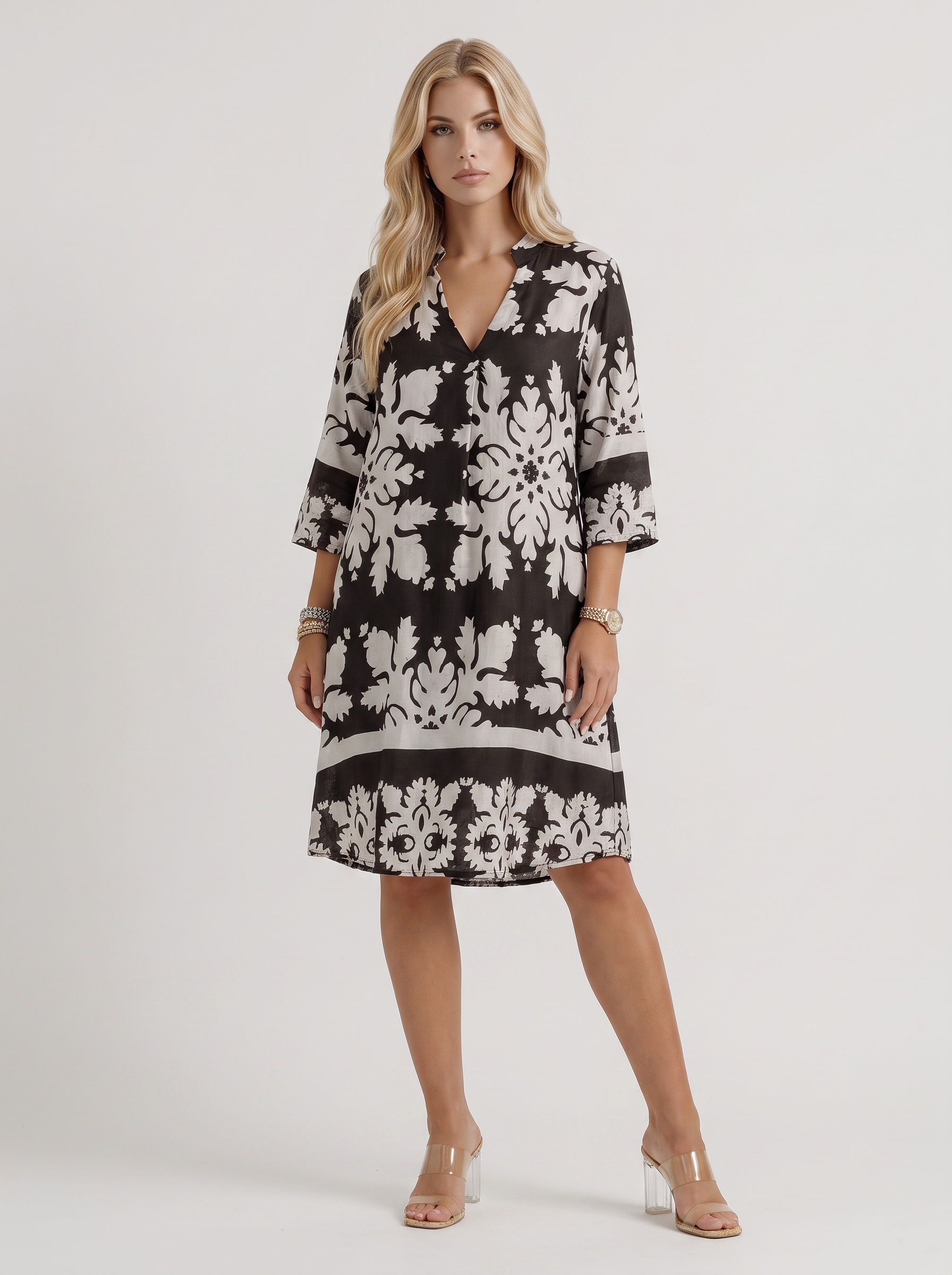 Women black floral midi dress with v neckline and floral print