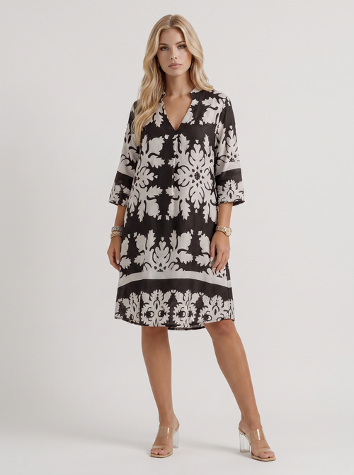 Women black floral midi dress with v neckline and floral print