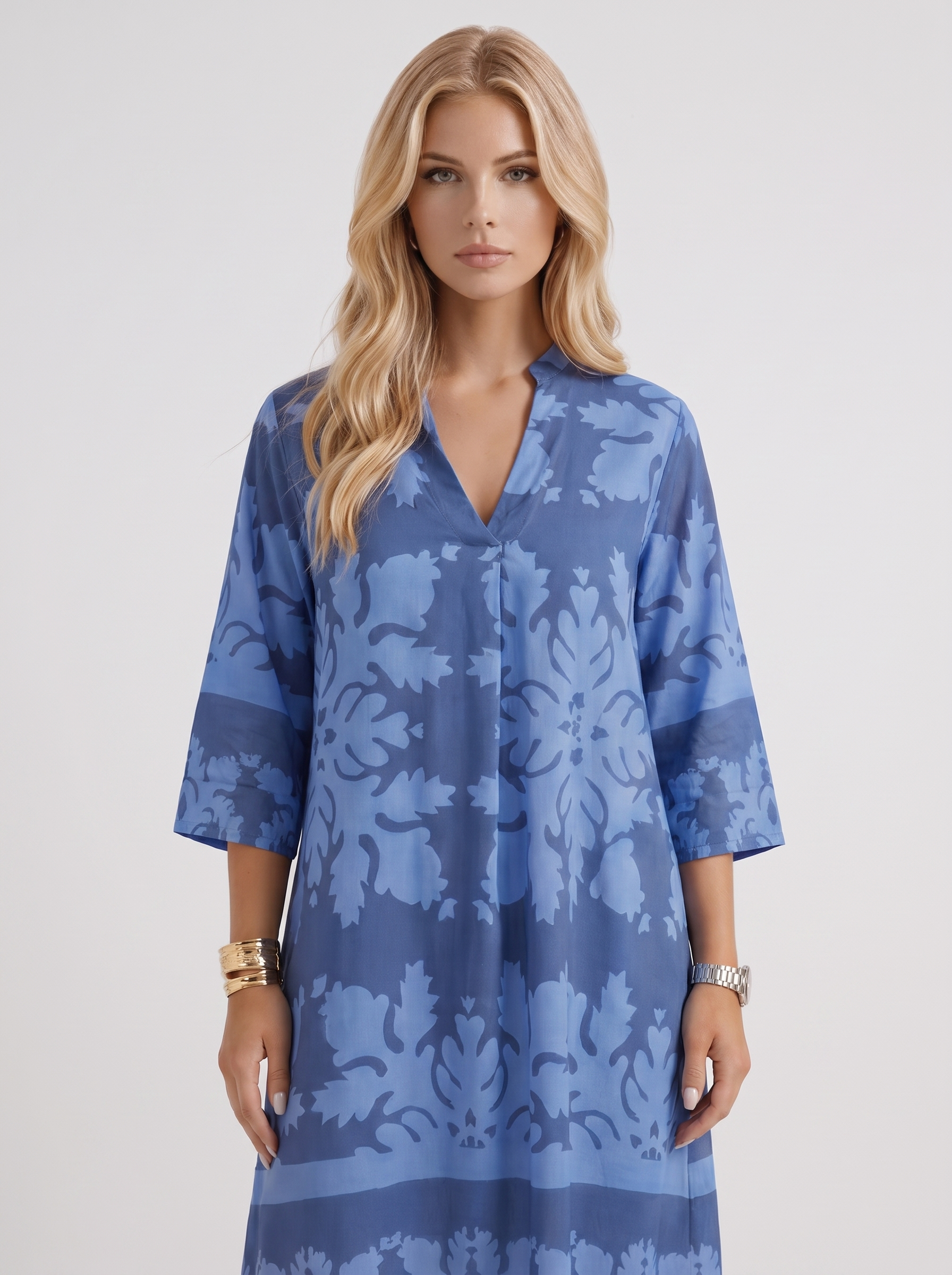 Women blue floral midi dress with v neckline and floral print