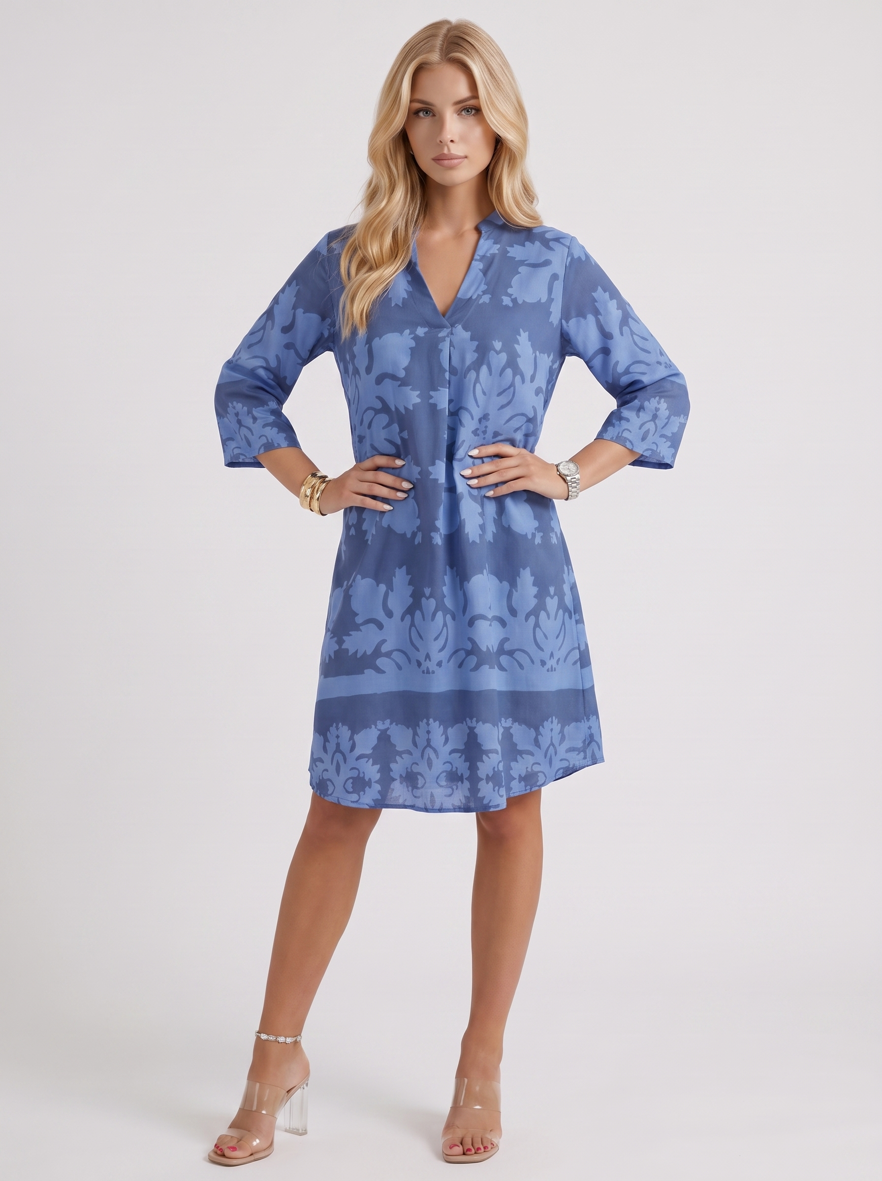 Women blue floral midi dress with v neckline and floral print