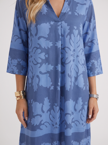 Women blue floral midi dress with v neckline and floral print