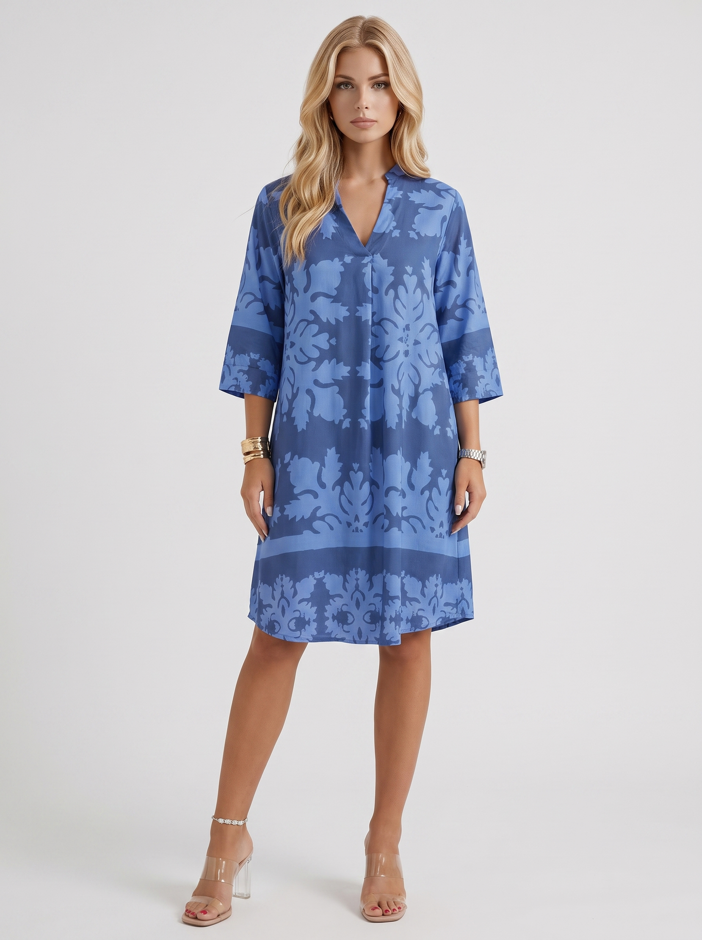 Women blue floral midi dress with v neckline and floral print