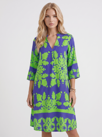 Women green floral midi dress with v neckline and floral print