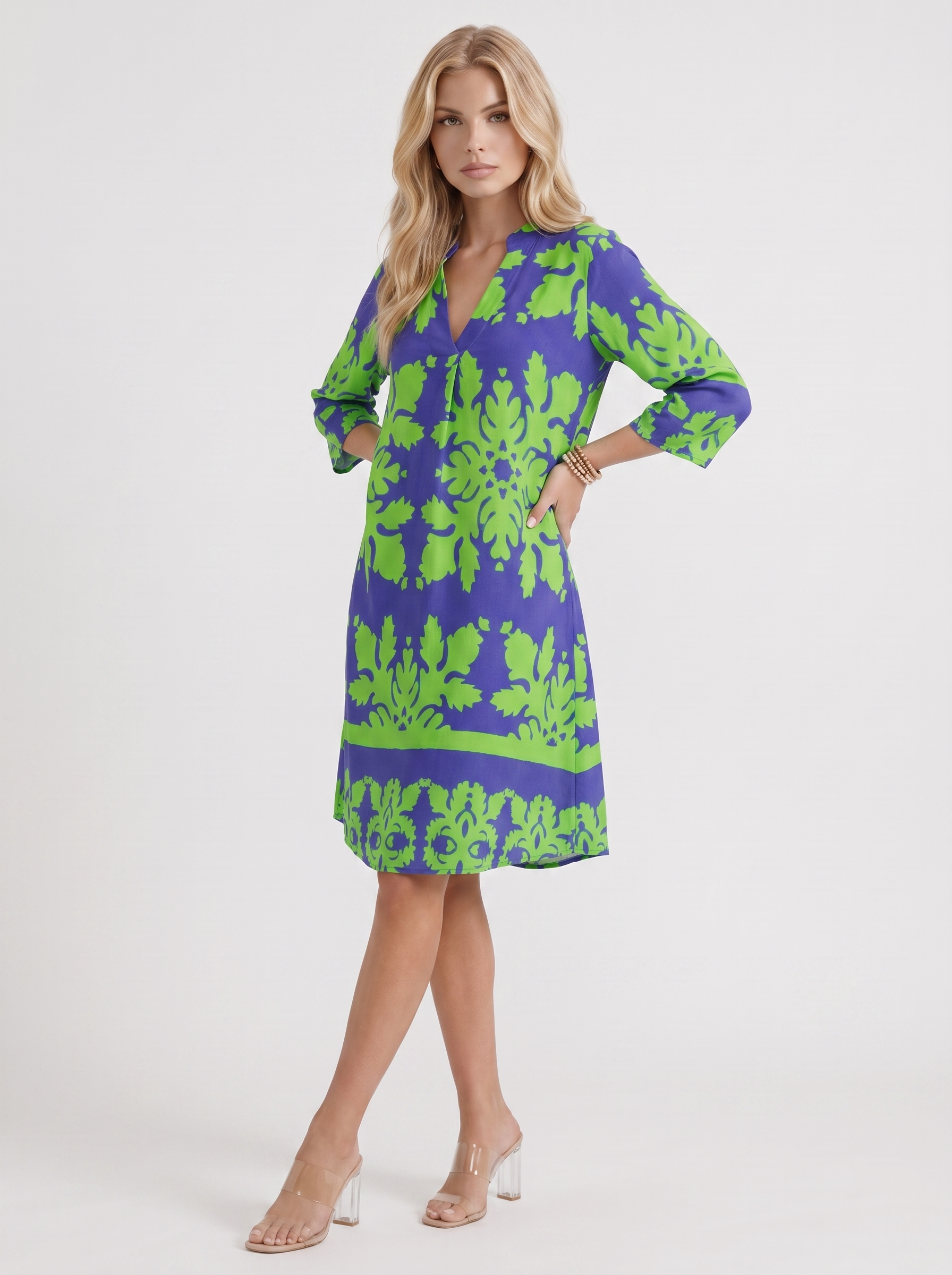 Women green floral midi dress with v neckline and floral print