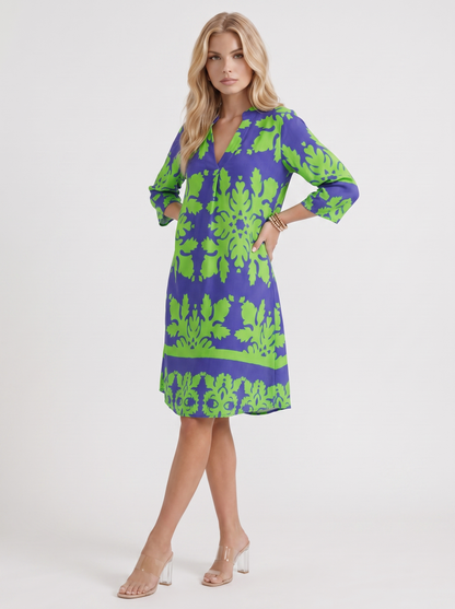 Women green floral midi dress with v neckline and floral print