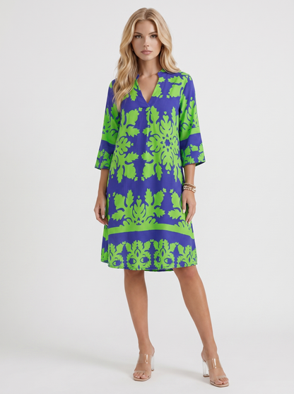 Women green floral midi dress with v neckline and floral print