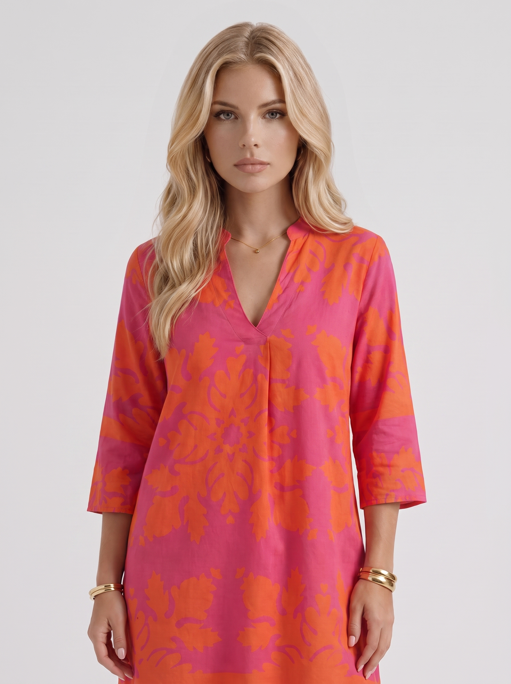 Women orange floral midi dress with v neckline and floral print